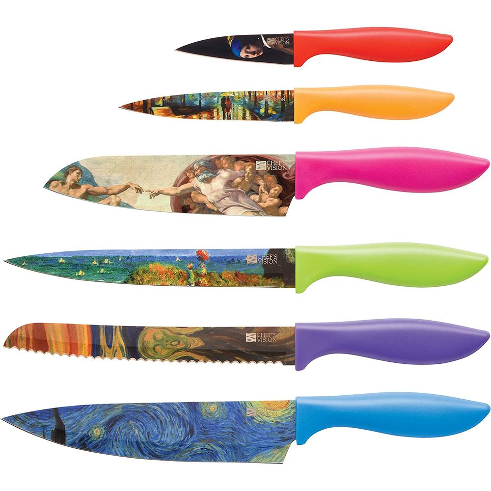 Conjunto de 7 facas de cozinha coloridas com caixa de presente, lâminas  antiaderentes com aço inoxidável de , conjunto de facas de cozinha wookon  Sharp Chef, incluindo um descascador, tesoura e tábua