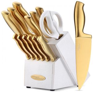 Marco Almond MA21 14-Piece Knife Set with Block Golden Kitchen Knife Block  Set Stainless Steel