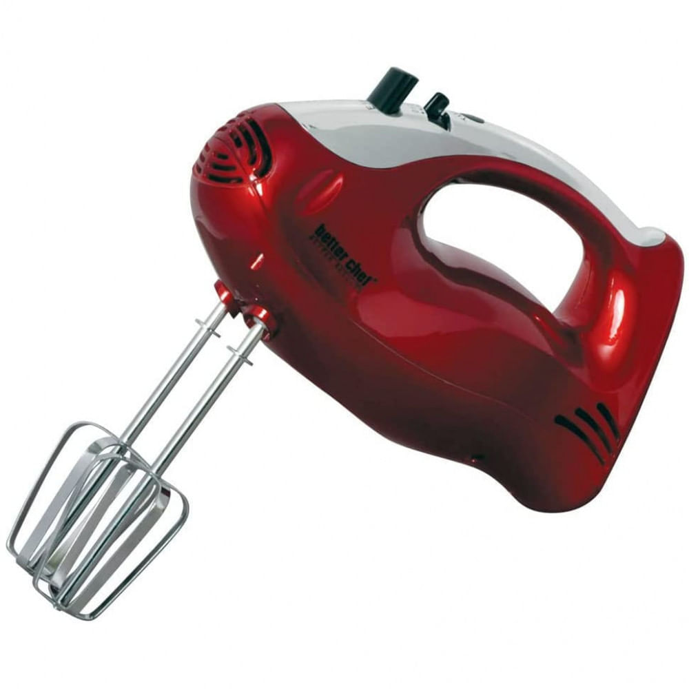 Better Chef Electric Hand Mixer Chrome Accent Chrome Beater e Hooks Thumb Switch e Boost 100watt Red e Chrome