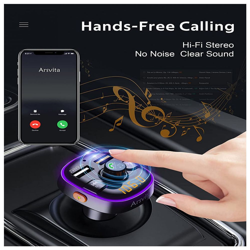 Arsvita Adaptador Transmissor Bluetooth FM Veicular USB LED, Preto Dular