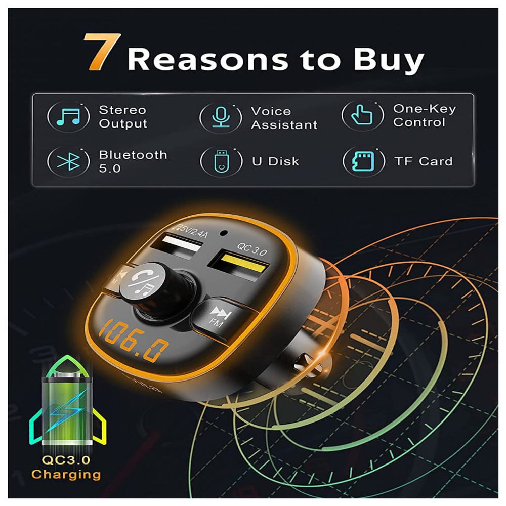 Arsvita Adaptador Transmissor Bluetooth FM Veicular USB LED, Preto Dular