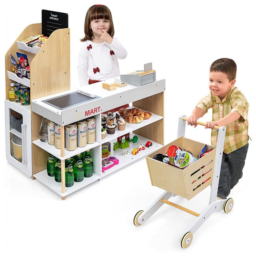 Super de Brinquedo Realista com Carrinho e Caixa em Madeira para Crianças  de 3 Anos ou Mais, Costzon - Dular