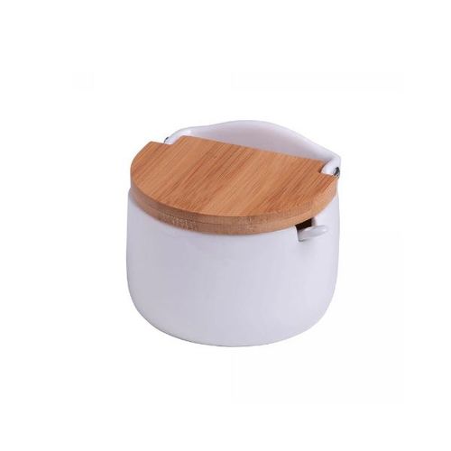 Saleiro de mesa cerâmica com tampa bambu com colher Lyor Bianco 10x9,5cm
