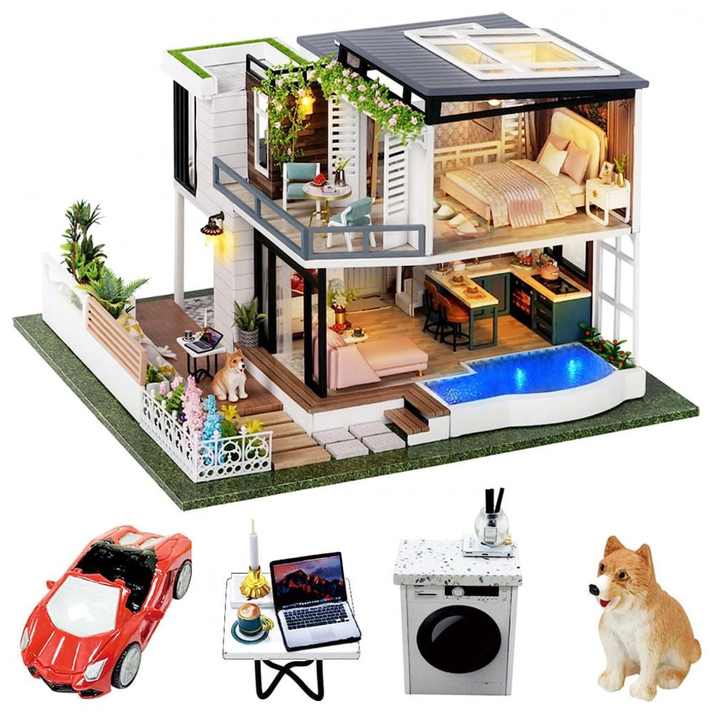 Casa de bonecas miniatura para crianças, casa grande Barbie, cama