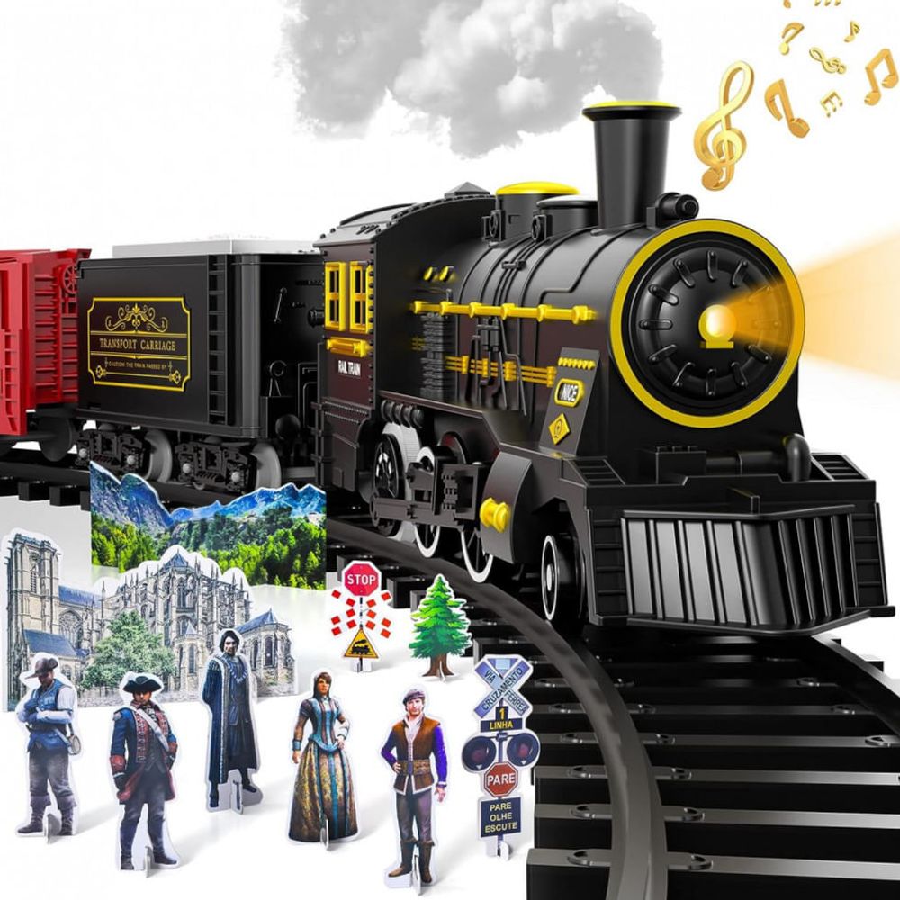 TOYANDONA Conjunto de Trem Com Motor de Locomotiva a Vapor Brinquedo de Trem  Elétrico para Meninos Meninas Com Fumaça Luzes E Som Vagões E Trilhos  Conjuntos de Trem de Natal Debaixo da