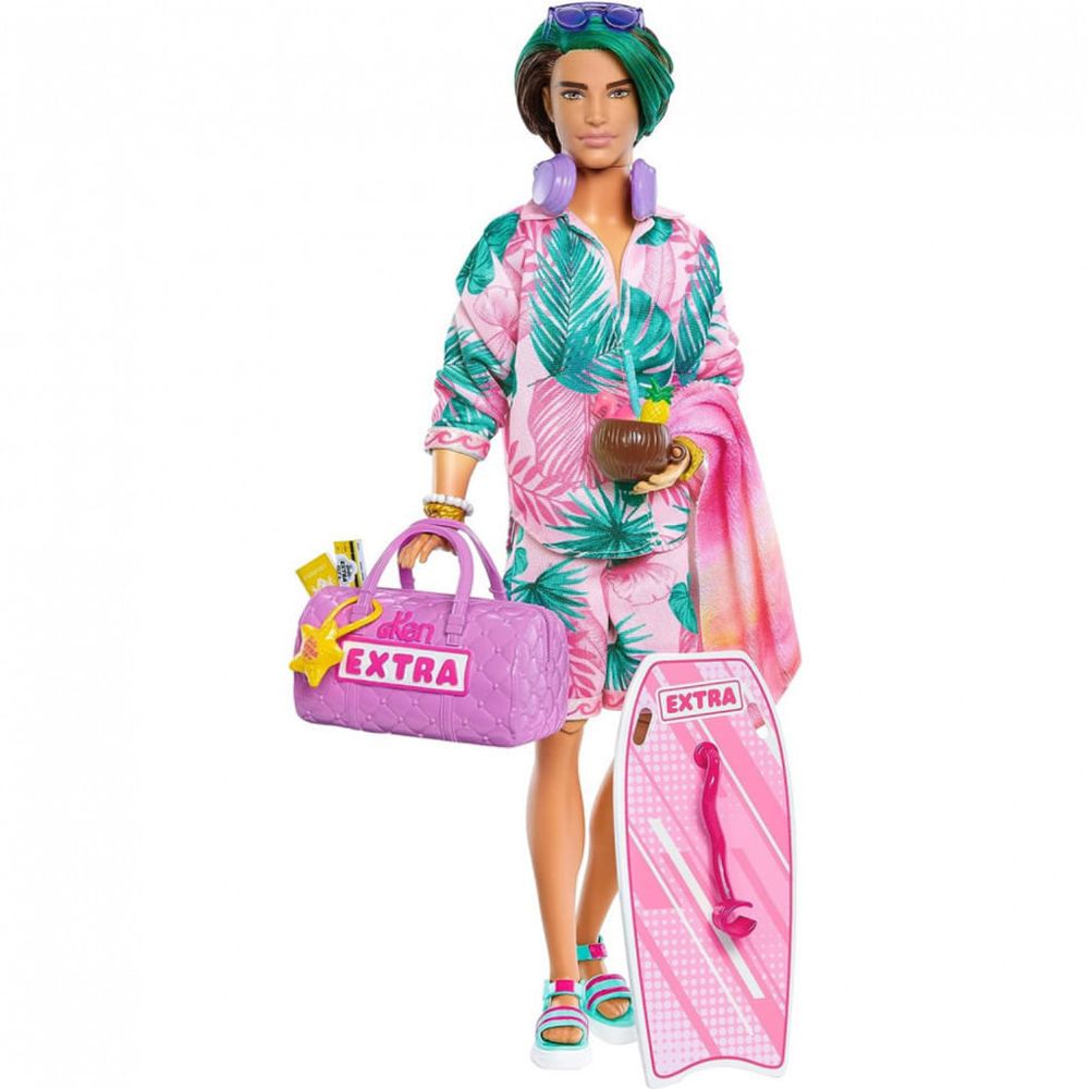 Boneca Barbie Extra Fly Ken com Acessórios para Roupas de Viagem com Tema  de Praia, Azul - Dular