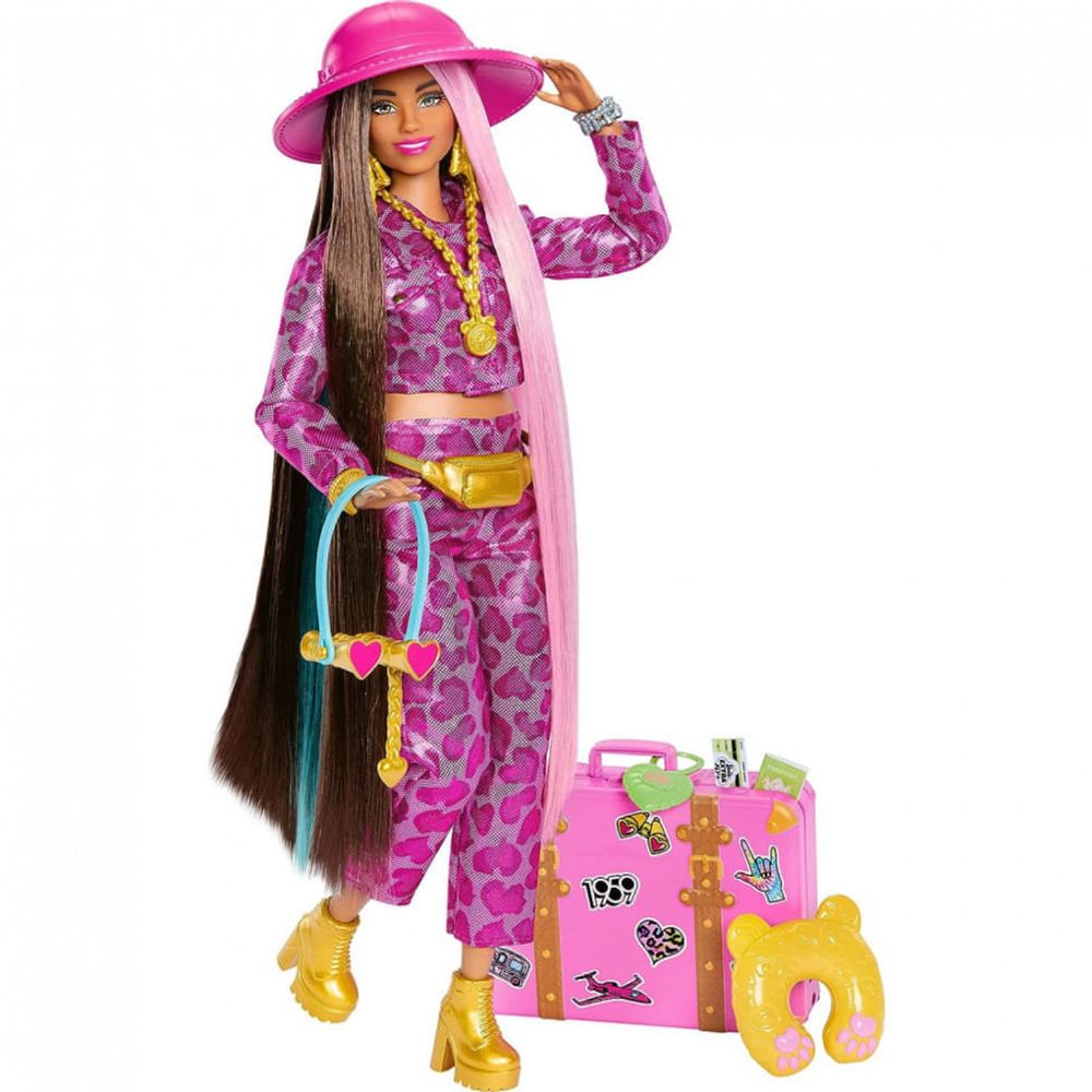 Boneca Barbie com Moda Safari, Mosca Barbie Extra, Roupa Animal Estampado  Rosa e Mala Rosa - Dular