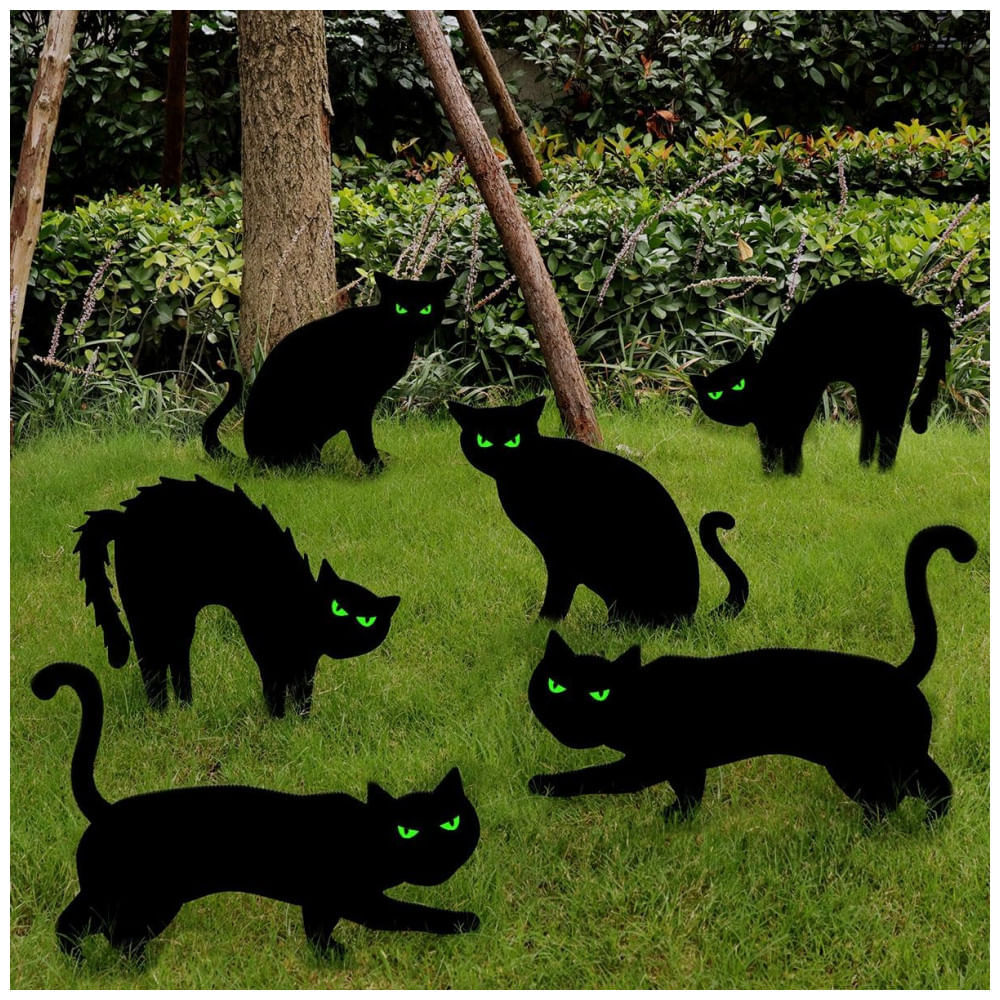 Kit Decoração para Halloween 6 Estacas de Gato Preto com Olhos Brilhantes  no Escuro - Dular