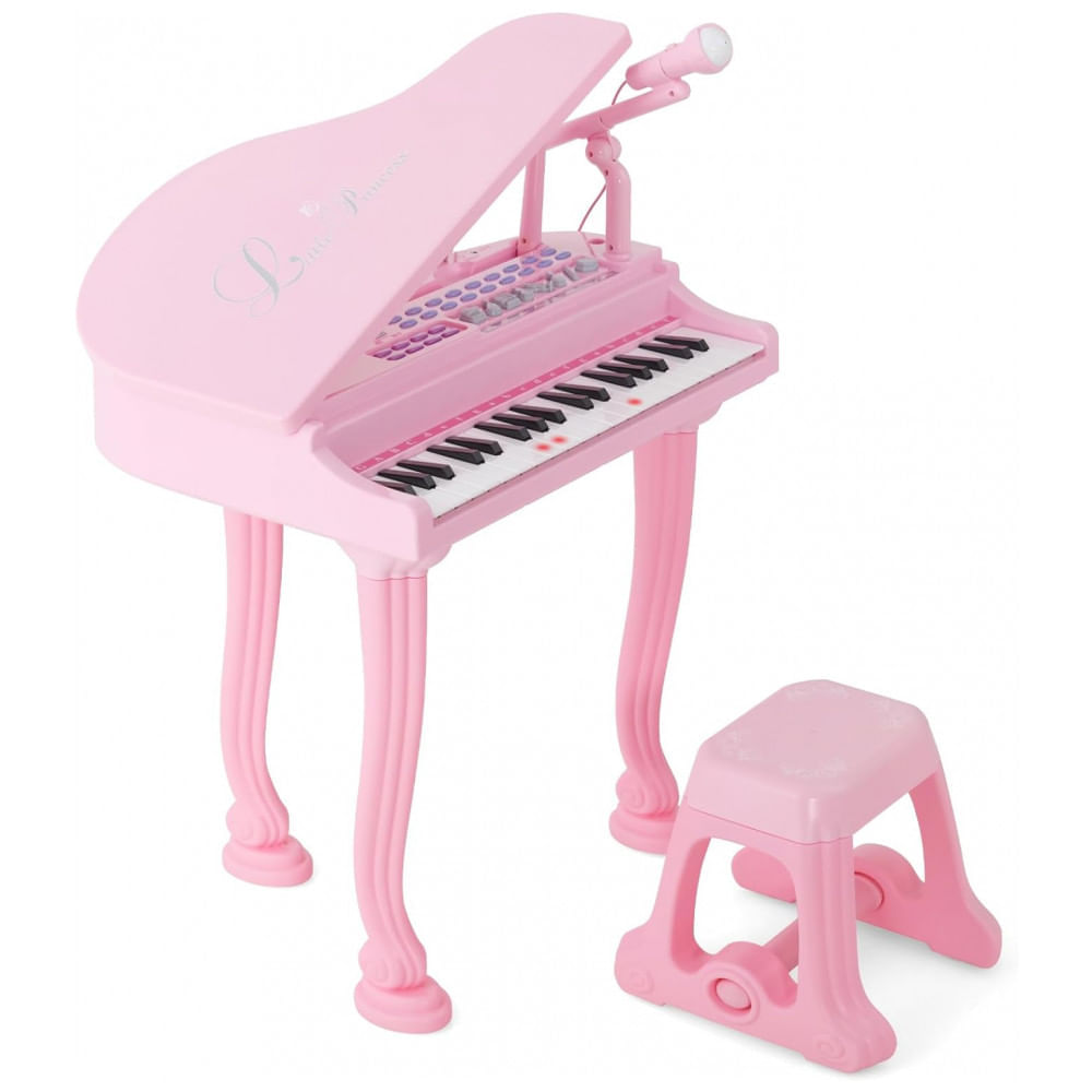 Piano Teclado Infantil com 31 Teclas, Banco, Microfone e Modo Ensino LED,  Costzon, Branco - Dular