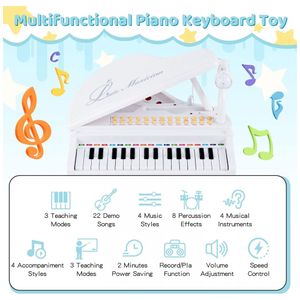 Piano Teclado Infantil com 31 Teclas, Banco, Microfone e Modo Ensino LED,  Costzon, Branco - Dular