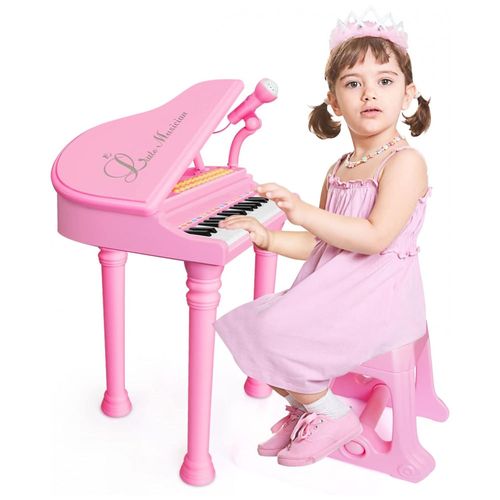 Piano Teclado Infantil com 31 Teclas, Microfone e Banco para Crianças de 3  Anos, OKREVIEW, Rosa