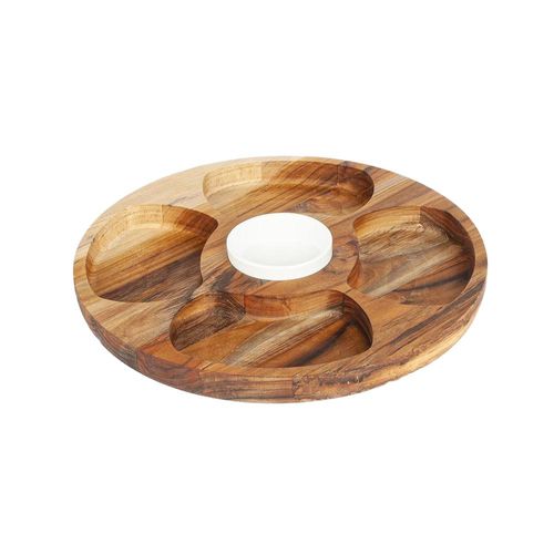 Petisqueira em madeira redonda com porcelana e 5 divisões Stolf 35,5x35,5cm