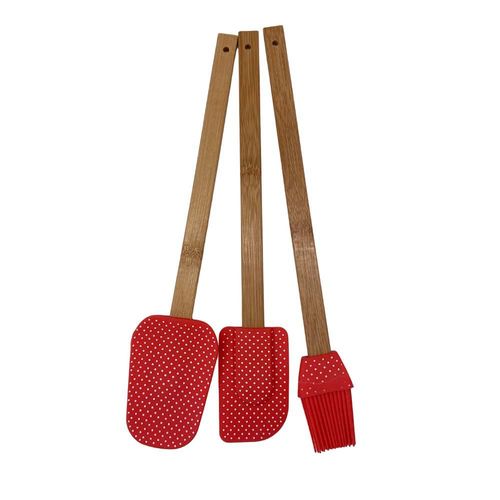 Jogo de espátulas e pincel em bambu e silicone Zahav vermelho 3 peças