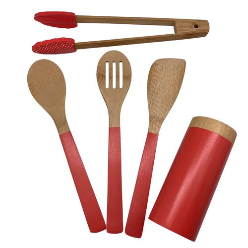 Jogo de utensílios em bambu e silicone Zahav vermelho 5 peças