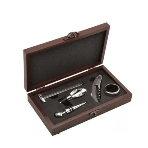 Jogo para vinho inox com caixa de madeira Uny Gift 6 peças Jogo para vinho inox com caixa de madeira Uny Gift 6 peças