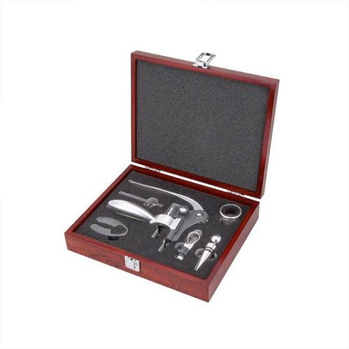 Jogo para vinho inox com caixa de madeira Uny Gift  6 peças