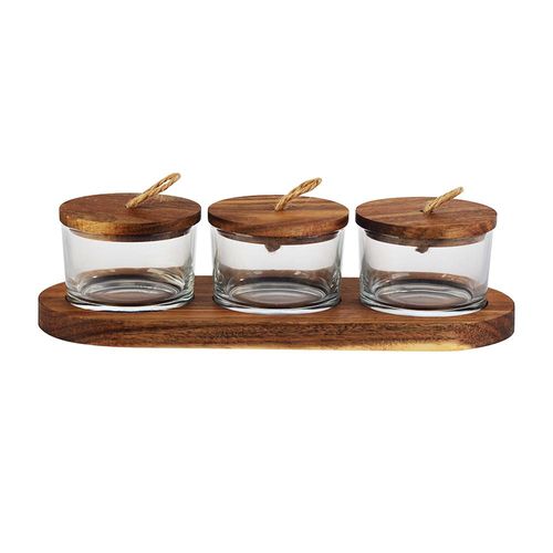 Jogo de 3 petisqueiras com tampa e suporte em madeira L'hermitage Wooden 120ml 4 peças Jogo de 3 petisqueiras com tampa e suporte em madeira L'hermitage Wooden 120ml 4 peças