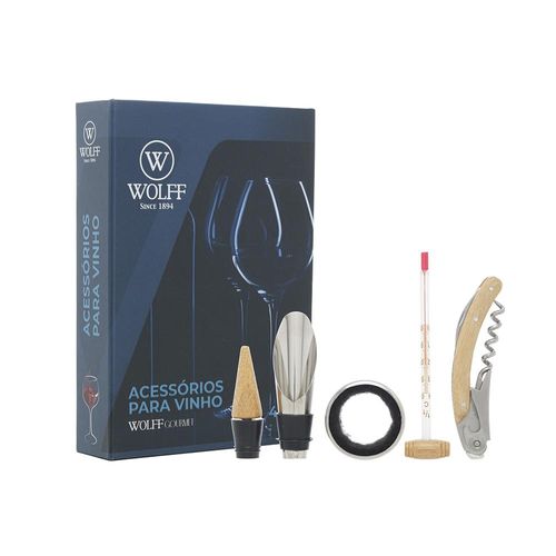 Jogo para vinho em inox com detalhes em madeira com caixa Wolff 5 peças Jogo para vinho em inox com detalhes em madeira com caixa Wolff 5 peças