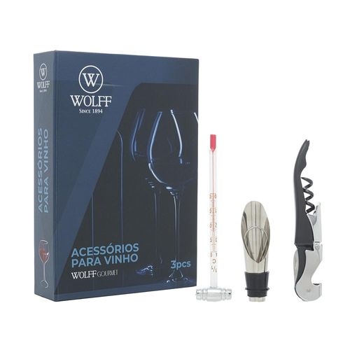 Jogo de vinho em aço inox com caixa Wolff 3 peças 27593 Jogo de vinho em aço inox com caixa Wolff 3 peças 27593
