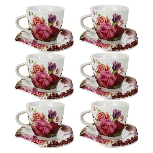 Jogo de xícaras para café em porcelana Dm Brasil Rosas 6 peças 90ml Jogo de xícaras para café em porcelana Dm Brasil Rosas 6 peças 90ml