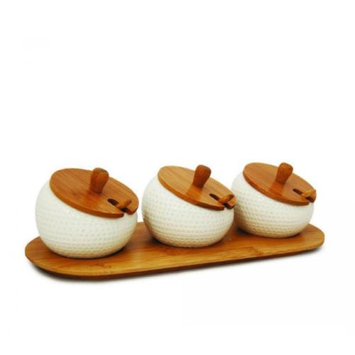 Porta-temperos em cerâmica e bambu com colher Yoi 3 peças Porta-temperos em cerâmica e bambu com colher Yoi 3 peças