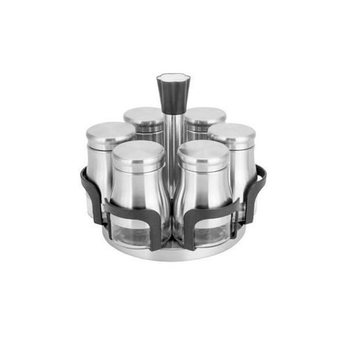 Jogo de porta-temperos em aço inox com suporte Uny Gift Luxo 6 peças Jogo de porta-temperos em aço inox com suporte Uny Gift Luxo 6 peças