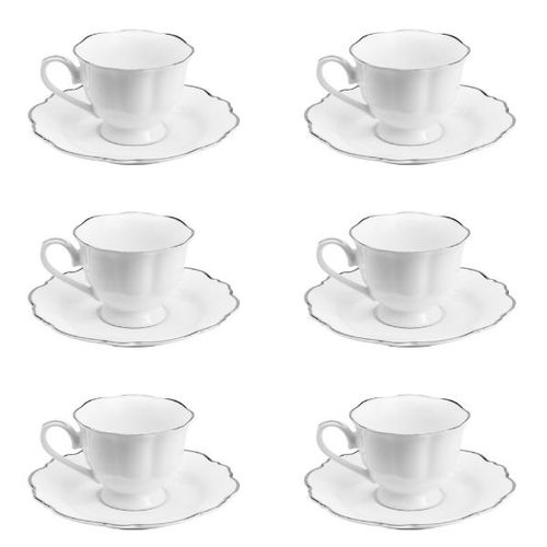 Jogo de xícara de café com pires em porcelana Wolff Fio prata 80ml branco 6 peças Jogo de xícara de café com pires em porcelana Wolff Fio prata 80ml branco 6 peças