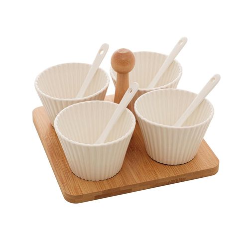 Jogo de molheiras em porcelana com suporte em bambu Bon gourmet 16x16x13cm 9 peças Jogo de molheiras em porcelana com suporte em bambu Bon gourmet 16x16x13cm 9 peças