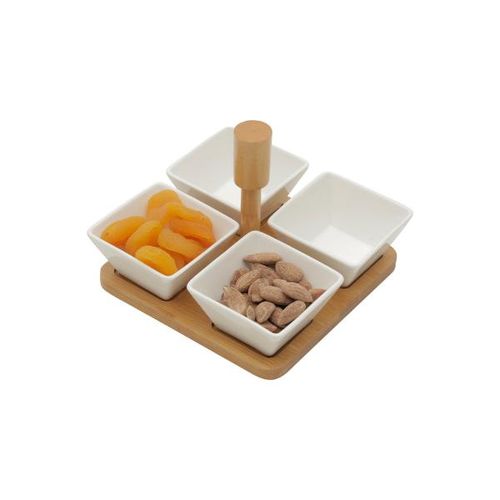 Jogo de petisqueira quadrada em porcelana com suporte em bambu Bon gourmet 15x15x12cm 5 peças Jogo de petisqueira quadrada em porcelana com suporte em bambu Bon gourmet 15x15x12cm 5 peças