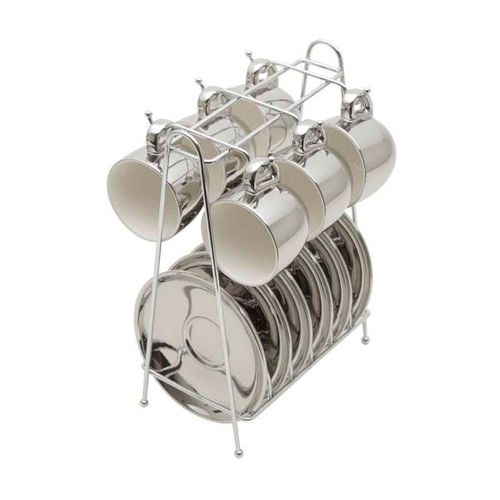 Jogo de xícaras para café com pires e suporte Wolff Versa 90ml 6 peças branco/prata Jogo de xícaras para café com pires e suporte Wolff Versa 90ml 6 peças branco/prata