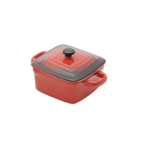Panela quadrada em porcelana com tampa Bon Gourmet 12x8cm vermelha