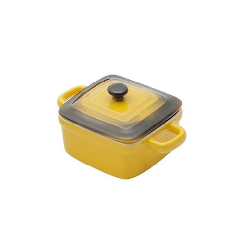 Panela quadrada em porcelana com tampa Bon Gourmet 12x8cm amarela