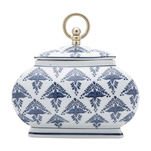 Potiche decorativo em porcelana Royal 23x15x23cm branco e azul Potiche decorativo em porcelana Royal 23x15x23cm branco e azul