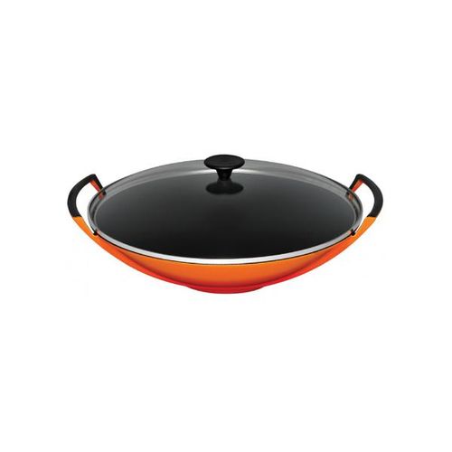 Panela Wok em ferro com tampa de vidro Le Creuset Signature 36cm laranja Panela Wok em ferro com tampa de vidro Le Creuset Signature 36cm laranja