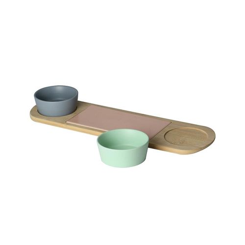 Jogo petisqueira em bambu com potes de cerâmica 42,5x12cm 4 peças Jogo petisqueira em bambu com potes de cerâmica 42,5x12cm 4 peças