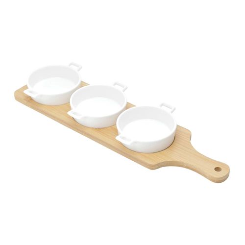 Jogo de petisqueira em porcelana com tábua de bambu bon Gourmet 38x10cm 3 peças branco Jogo de petisqueira em porcelana com tábua de bambu bon Gourmet 38x10cm 3 peças branco