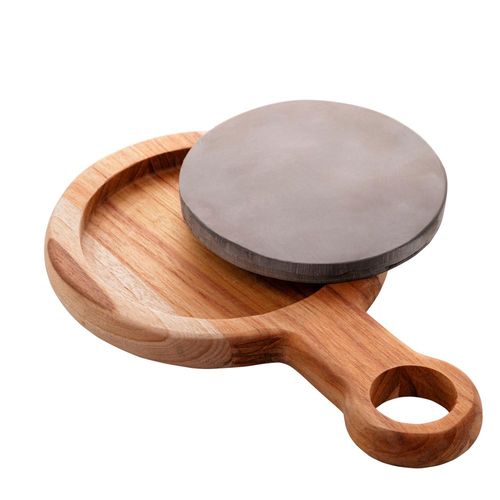 Tábua de madeira redonda com pedra ardósia Woodart Teca 25cm Tábua de madeira redonda com pedra ardósia Woodart Teca 25cm