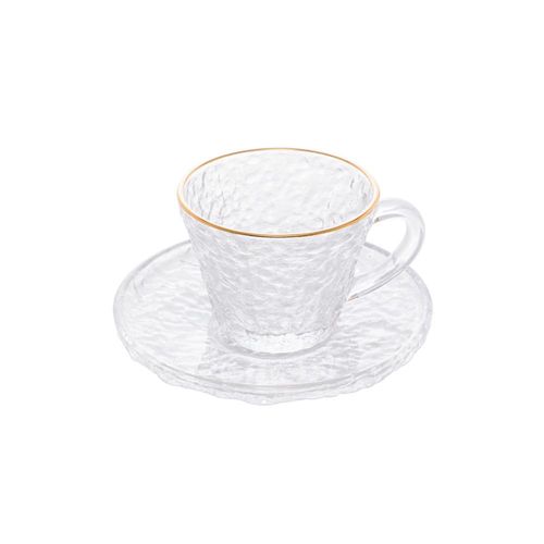 Xícara em cristal martelado para chá com pires e borda dourada Lyor Petra 180ml