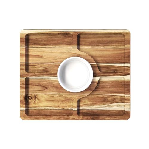 Petisqueira retangular em madeira teca 4 divisões e 1 pote Stolf 28x23cm Petisqueira retangular em madeira teca 4 divisões e 1 pote Stolf 28x23cm