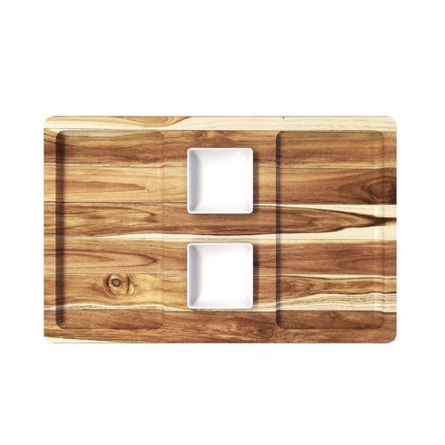Petisqueira retangular em madeira teca 2 divisões 2 pote Stolf 39x25cm