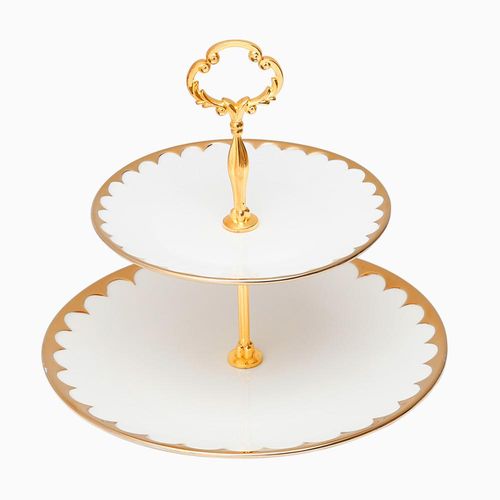 Prato duplo para doce Wolff 18151 Egg branco com dourado 19x27x24cm em porcelana Prato duplo para doce Wolff 18151 Egg branco com dourado 19x27x24cm em porcelana