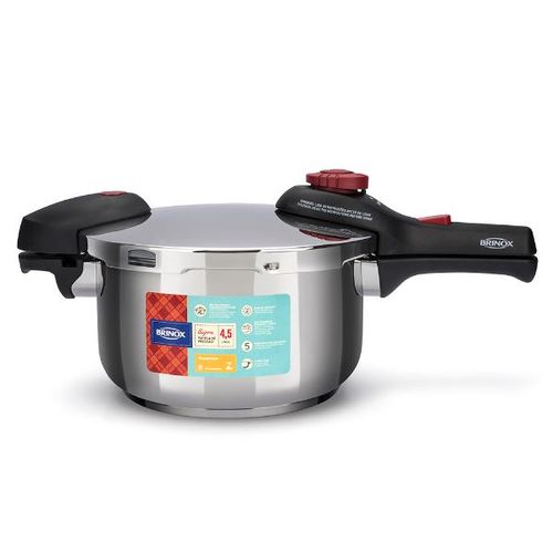 Panela de pressão em inox Brinox Supra 4,5 litros fundo triplo e 5 sistemas de segurança Panela de pressão em inox Brinox Supra 4,5 litros fundo triplo e 5 sistemas de segurança