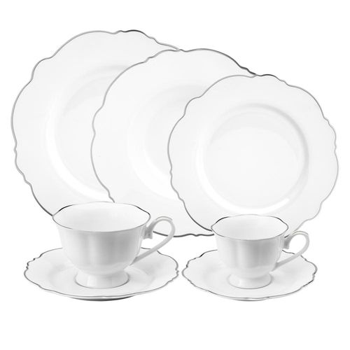 Jogo de jantar em porcelana Wolff Maldivas 42 peças filete prata 18178
