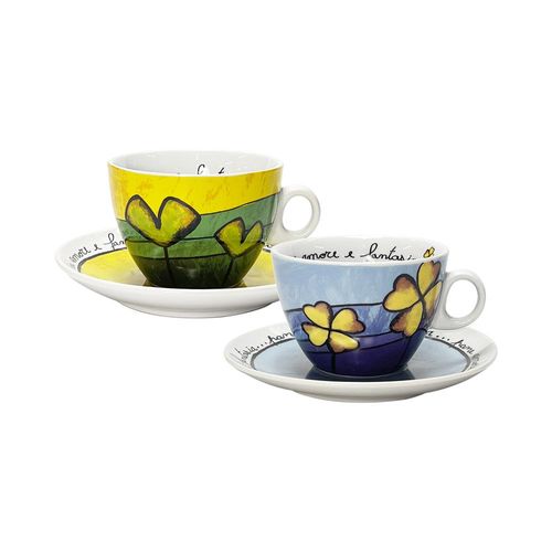 Jogo de xícaras capucciono com pires em porcelana Egan 90ml 2 peças amarela e azul Jogo de xícaras capucciono com pires em porcelana Imeltron 90ml 2 peças amarela e azul