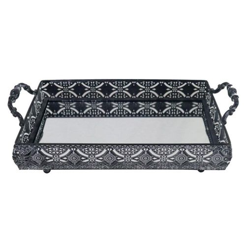 Bandeja retangular em ferro com espelho e alça L'Hermitage Bakir 39x23x10cm cor preta