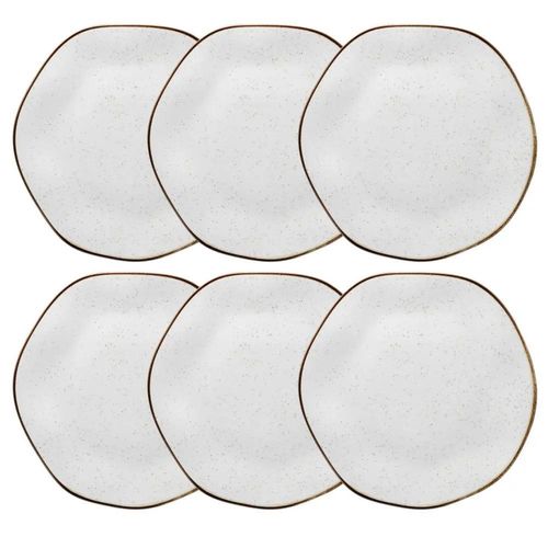 Jogo de 6 Pratos Rasos Oxford Ryo Maresia Branco e Marrom 27,5cm Porcelana