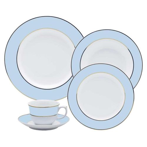 Jogo de Jantar Chá 30 Peças Porcelana Oxford Flamingo Classic Azul: Ouro