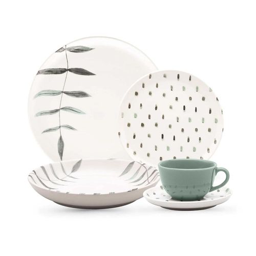 Jogo de Jantar e Chá Oxford Flat Samambaia Off White e Verde 30 Peças