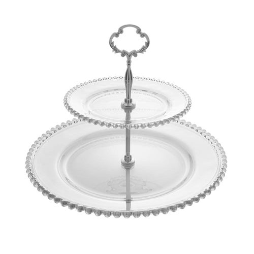 Prato para doce duplo em cristal Wolff Pearl 32x24cm com borda de bolinhas elegantes para servir doces