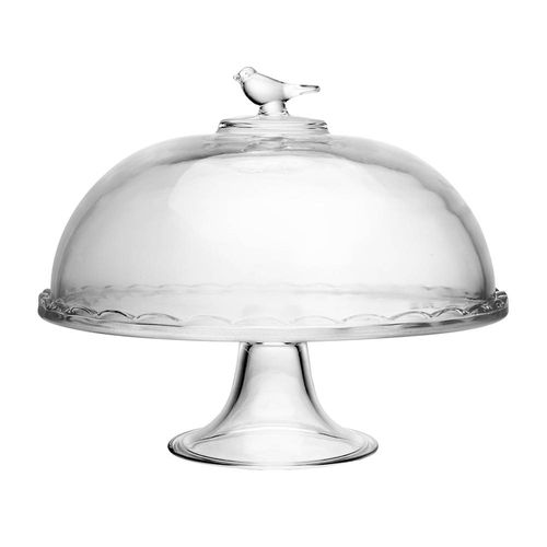 Prato para bolo com pé Wolff Bird 29,5x30cm vidro, boleira elegante e incolor com tampa protetora